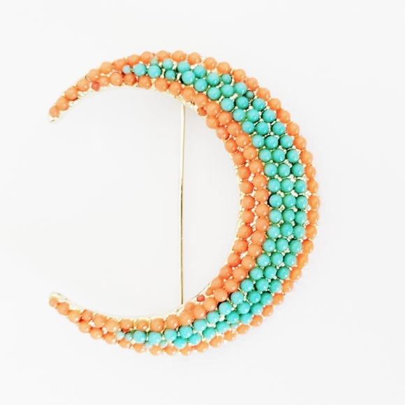 Vintage Simulated Coral and Turquoise Brooch BKS Signed - Picture 6 of 12